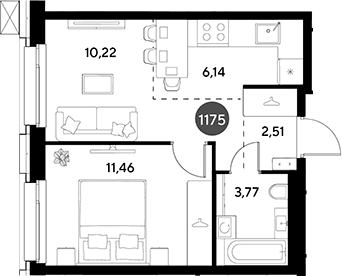 Планировка: Евродвушка 34,1 м² в ЖК «ЭВО»