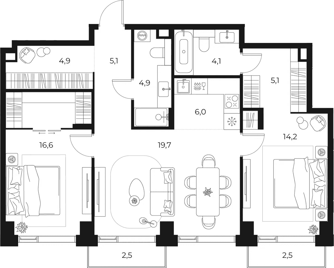 Планировка: Евротрёшка 80,7 м² в ЖК «МАСТЕРС»