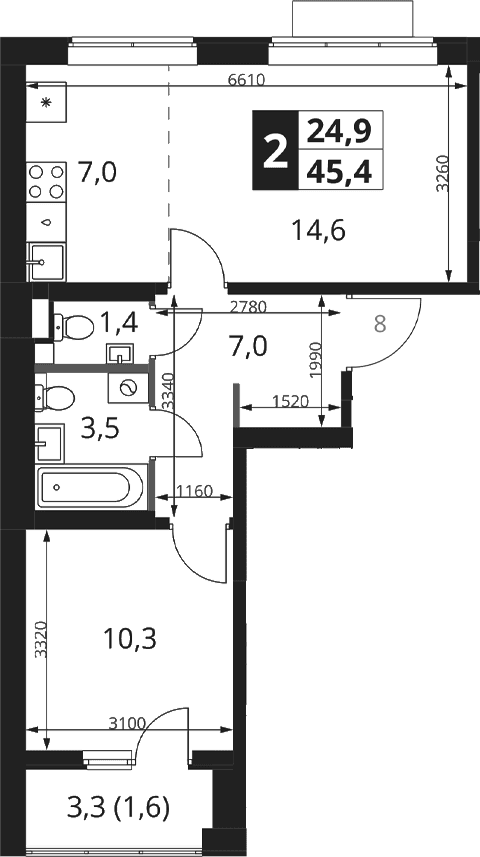 Планировка: Евродвушка 43,8 м² в ЖК «1-й Ясеневский»