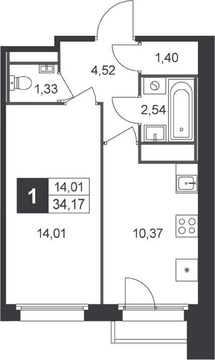 Планировка: 1-комнатная квартира 34,5 м² в ЖК «Слобода»