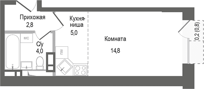 Планировка: Студия 26,6 м² в ЖК «Киноквартал»