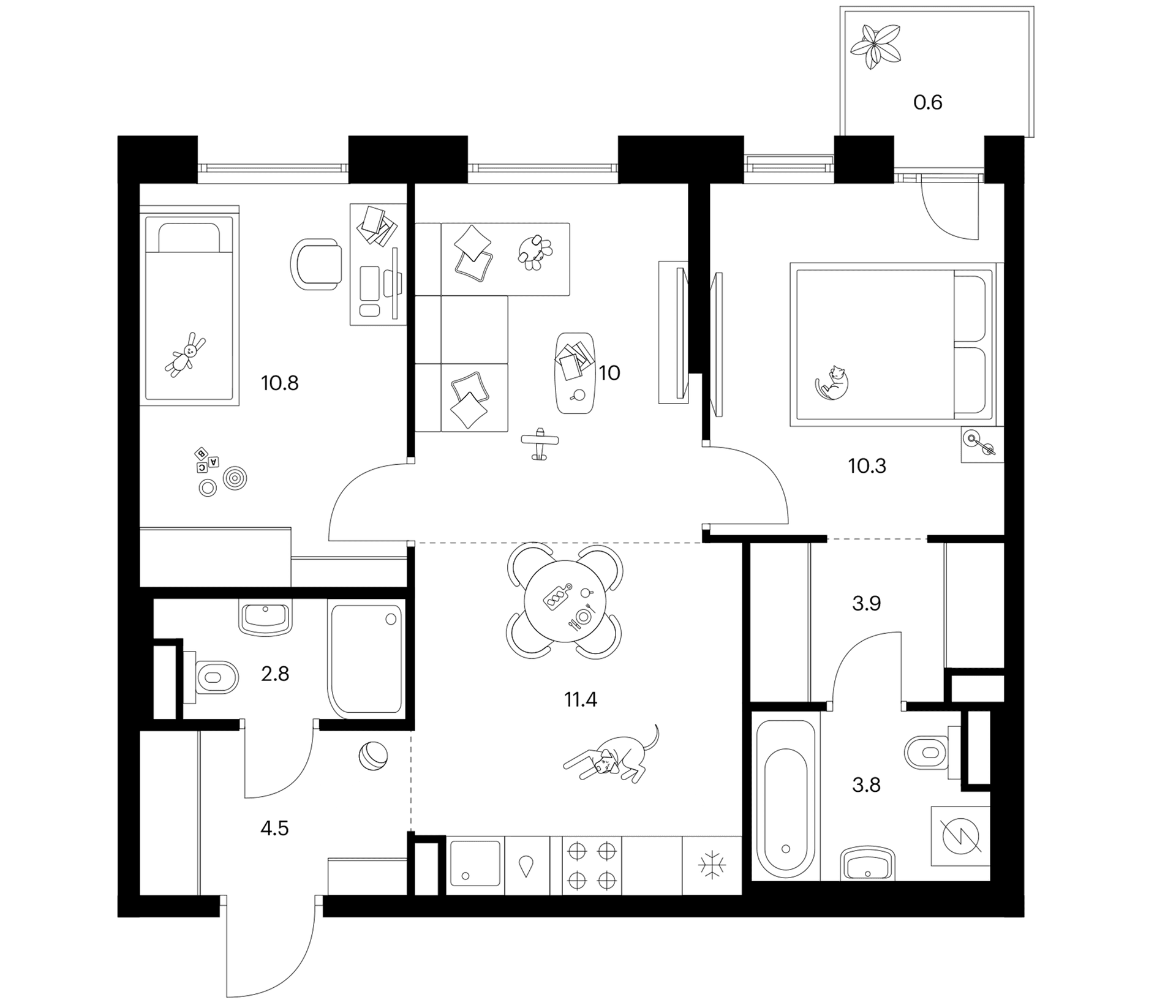 Планировка: Евротрёшка 57,5 м² в ЖК «Москворечье»
