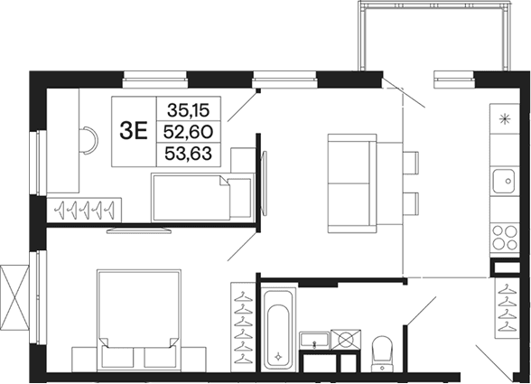 Планировка: Евротрёшка 52,6 м² в ЖК «Базаева 11»