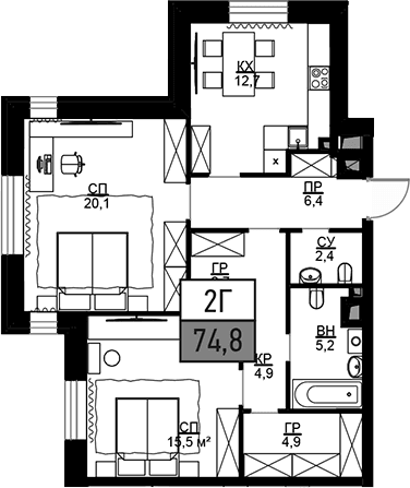 Планировка: 2-комнатная квартира 74,8 м² в ЖК «Театральный квартал»
