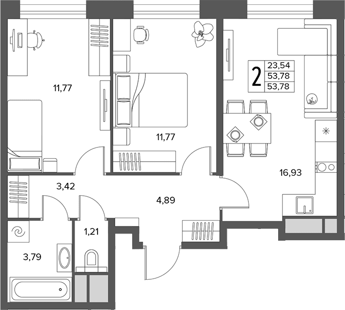 Планировка: Евротрёшка 53,8 м² в ЖК «Городской бор»