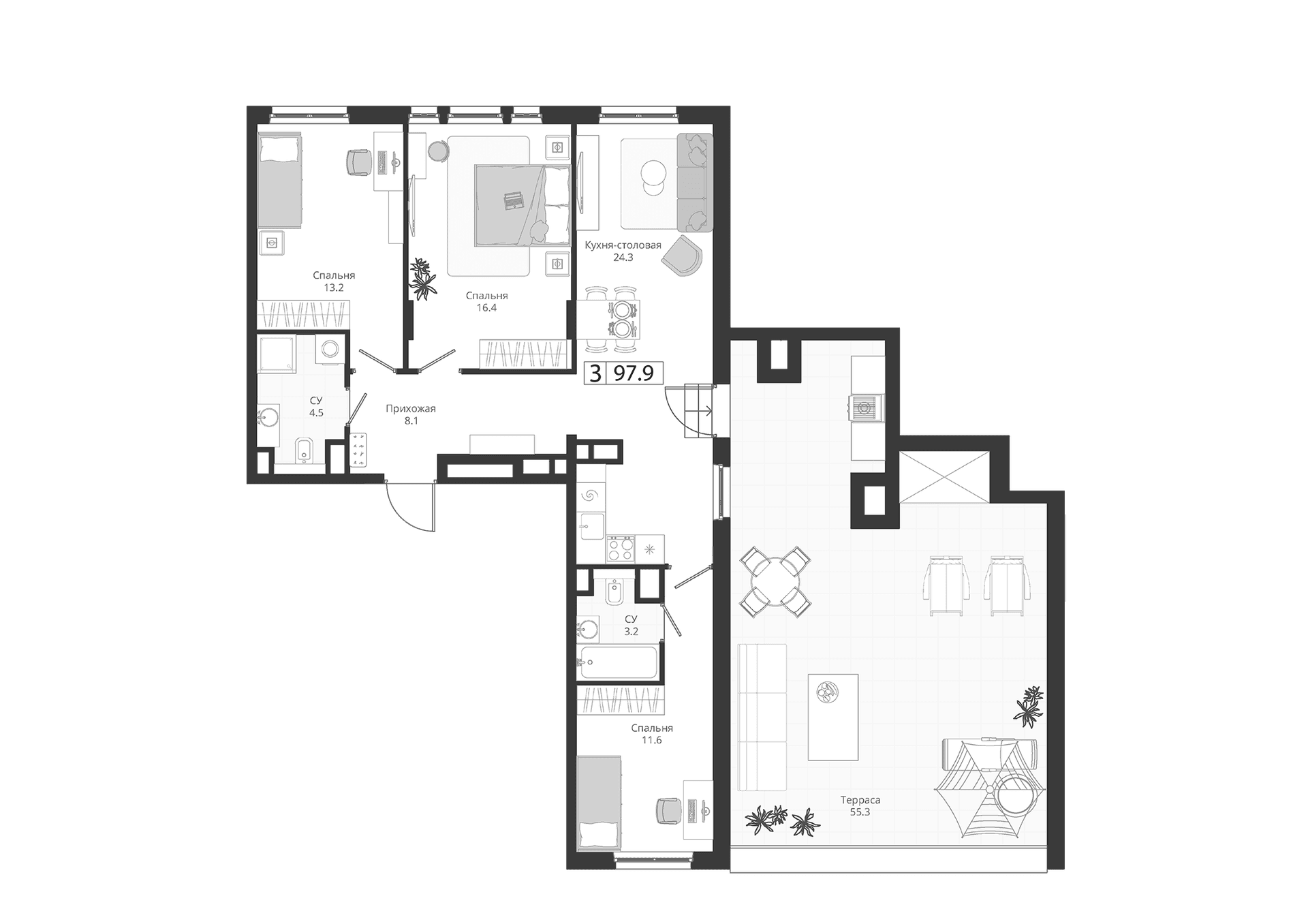 Планировка: Квартира евро-4 81,3 м² в ЖК «ГРЭЙ»