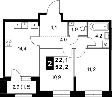 Планировка: 2-комнатная квартира 50,7 м² в ЖК «1-й Измайловский»