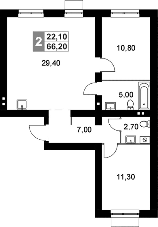 Планировка: Евротрёшка 66,2 м² в ЖК «Апрелевка Клаб»
