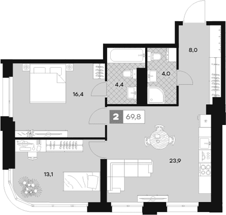 Планировка: 2-комнатная квартира 69,8 м² в ЖК «ЮТУ»