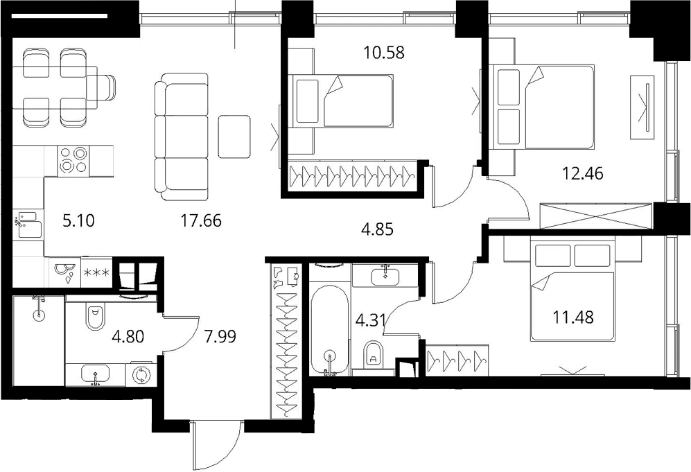 Планировка: Квартира евро-4 79,2 м² в ЖК «Сити Бэй»