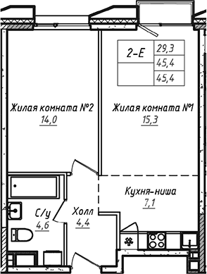 Планировка: Евродвушка 45,4 м² в ЖК «УНО.Соколиная гора»
