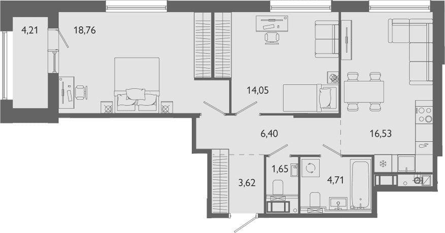 Планировка: Евротрёшка 65,7 м² в ЖК «Лиггат»
