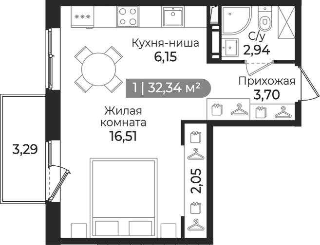 Планировка: Студия 31,4 м² в ЖК «Квинта»