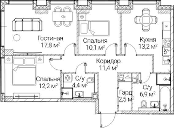 Планировка: 3-комнатная квартира 78,5 м² в ЖК «СЕЗАР БУДУЩЕЕ»