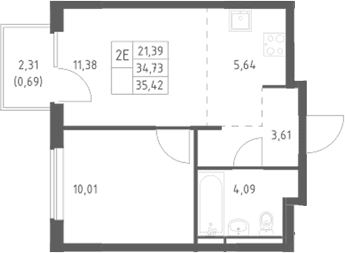 Планировка: Евродвушка 34,7 м² в ЖК «Мытищи Парк»