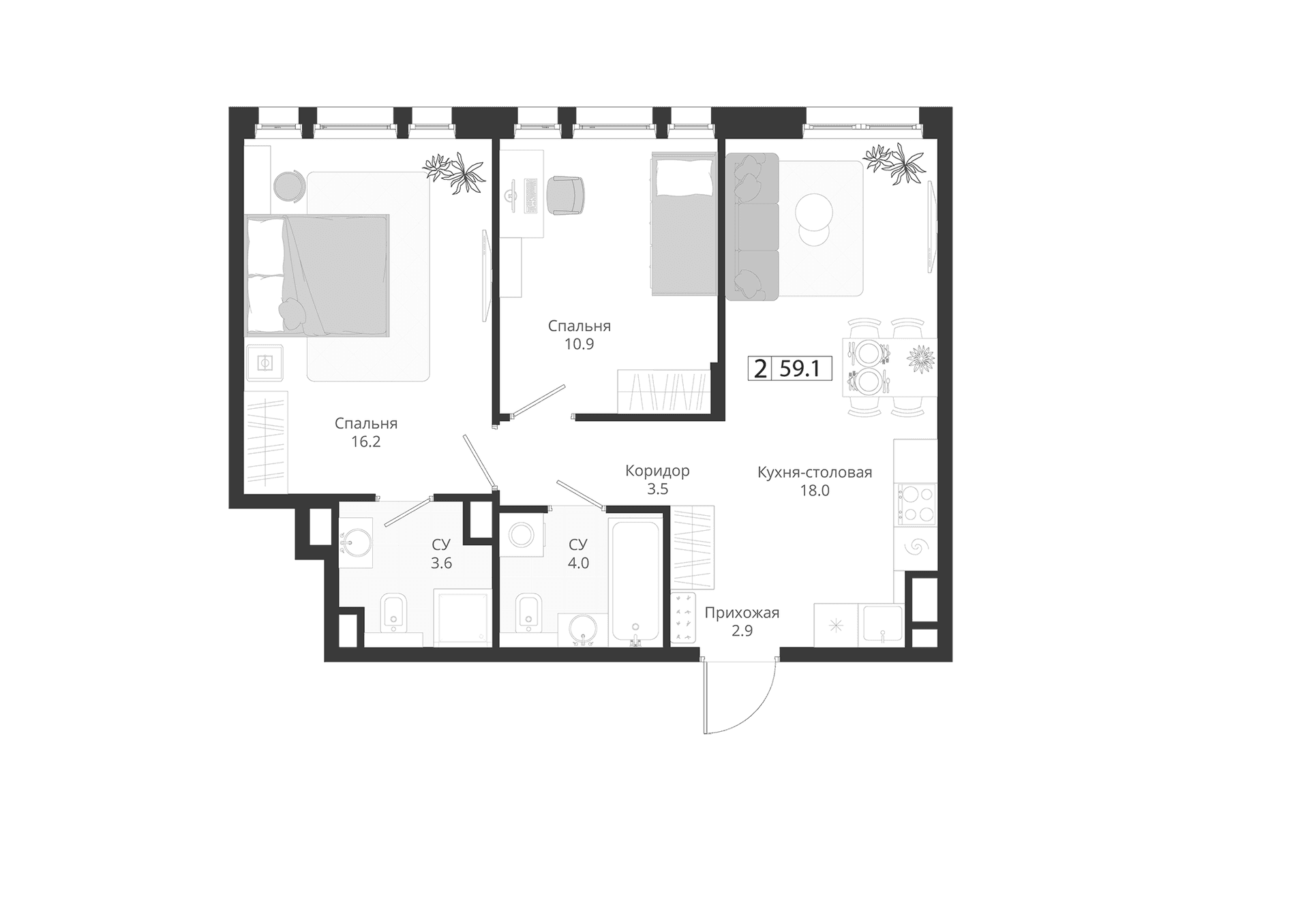 Планировка: Евротрёшка 59,1 м² в ЖК «ГРЭЙ»