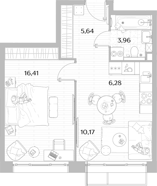 Планировка: Евродвушка 42,5 м² в ЖК «МЫС»