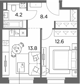 Планировка: 1-комнатная квартира 39 м² в ЖК «Станиславский»