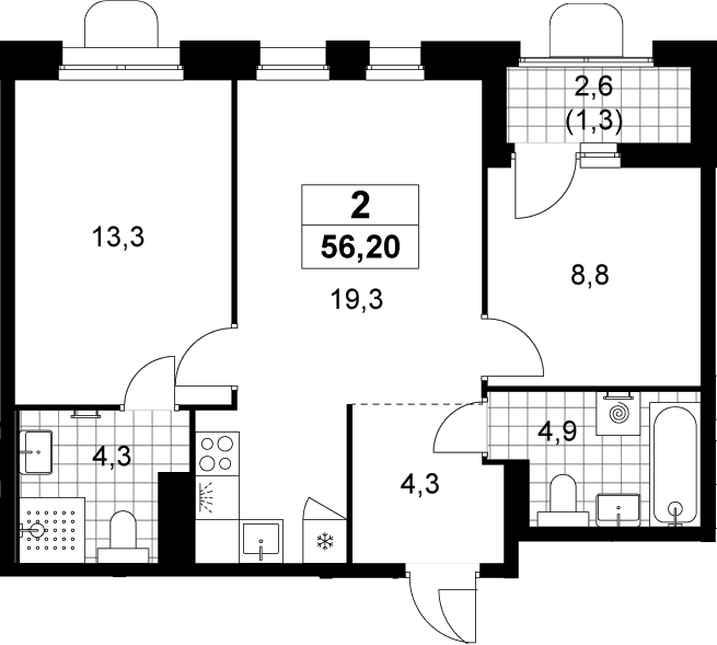 Планировка: Евротрёшка 54,9 м² в ЖК «Прокшино»