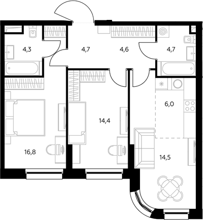 Планировка: Евротрёшка 71,1 м² в ЖК «Адмирал»