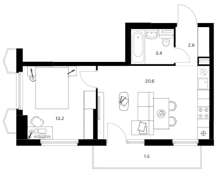 Планировка: 1-комнатная квартира 39,9 м² в ЖК «Бусиновский парк»