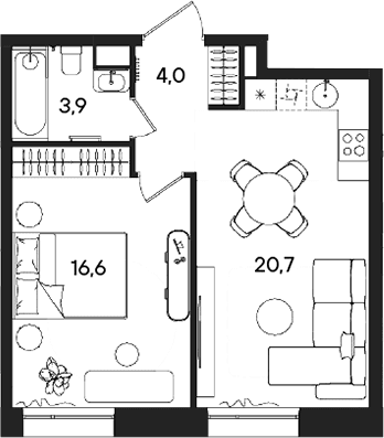 Планировка: Евродвушка 45,2 м² в ЖК «СТОУН Райз»