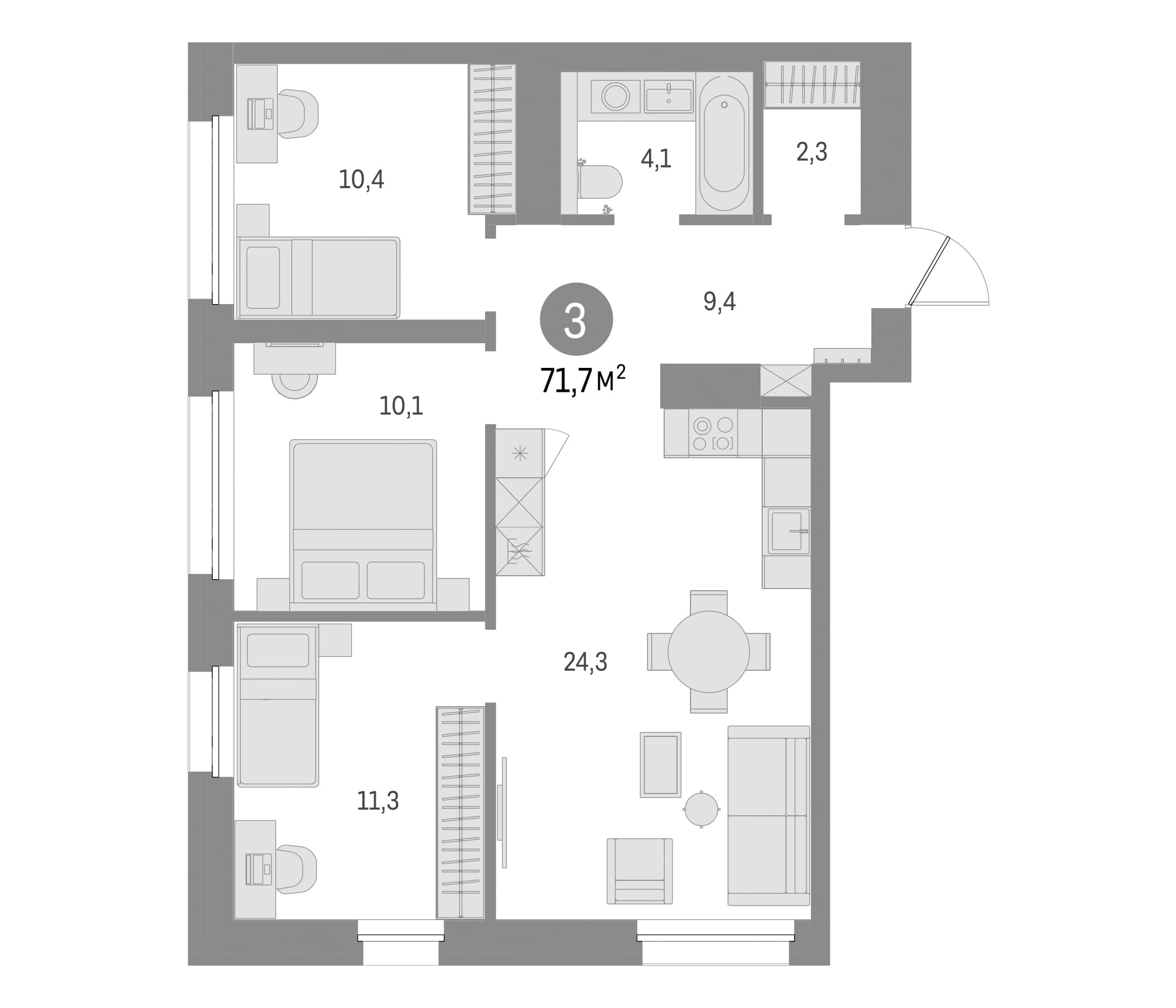 3-комнатная квартира