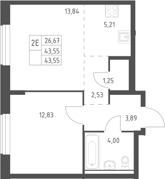 Планировка: Евродвушка 43,6 м² в ЖК «Горки Парк»