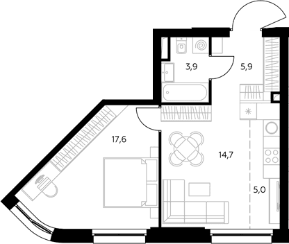 Планировка: Евродвушка 47,6 м² в ЖК «Адмирал»