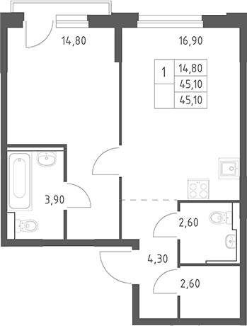 Планировка: Евродвушка 45,1 м² в ЖК «Химки Парк»