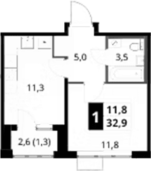 Планировка: 1-комнатная квартира 31,6 м² в ЖК «1-й Шереметьевский»
