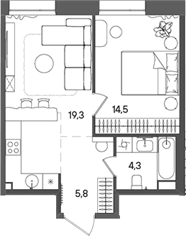 Планировка: Евродвушка 43,9 м² в ЖК «СТОУН Райз»