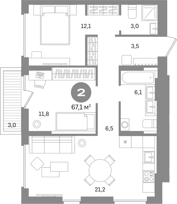 Планировка: 2-комнатная квартира 64,1 м² в ЖК «Первый квартал. Вторая очередь»