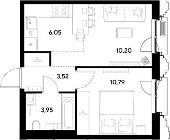 Планировка: Евродвушка 34,5 м² в ЖК «ЭВО»