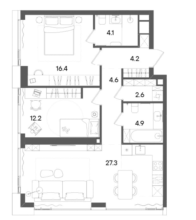 Планировка: Евротрёшка 77,2 м² в ЖК «СТОУН Грэйн»