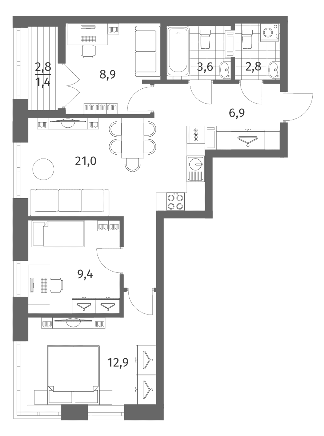 Планировка: Квартира евро-4 65,6 м² в ЖК «Новый Питер»