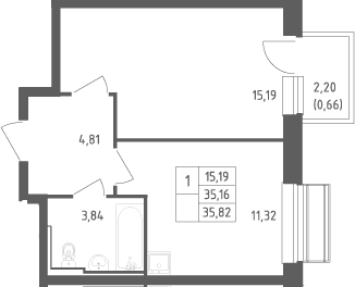 Планировка: 1-комнатная квартира 35,2 м² в ЖК «Рублевский квартал»