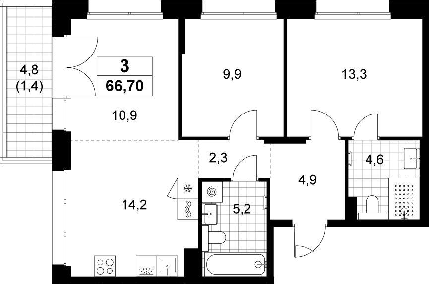 Планировка: Евротрёшка 65,3 м² в ЖК «Хольм»