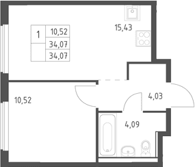 Планировка: Евродвушка 34,1 м² в ЖК «Егорово парк»