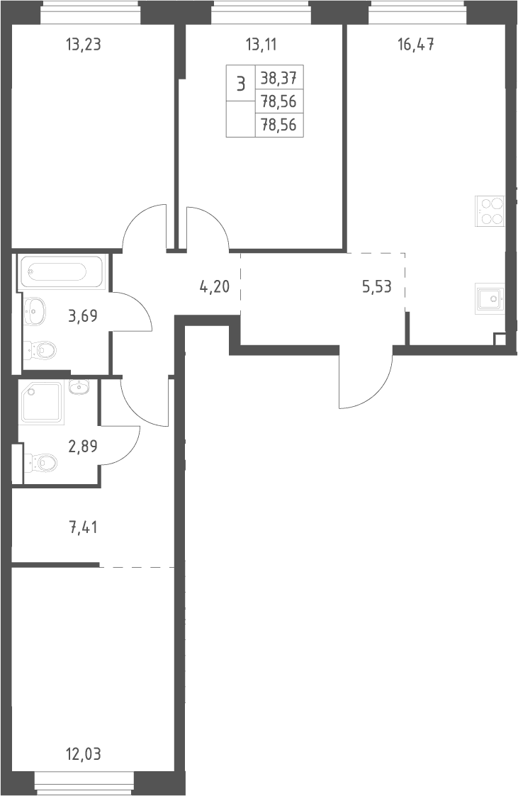 Планировка: Квартира евро-4 78,6 м² в ЖК «Большое Юрлово»