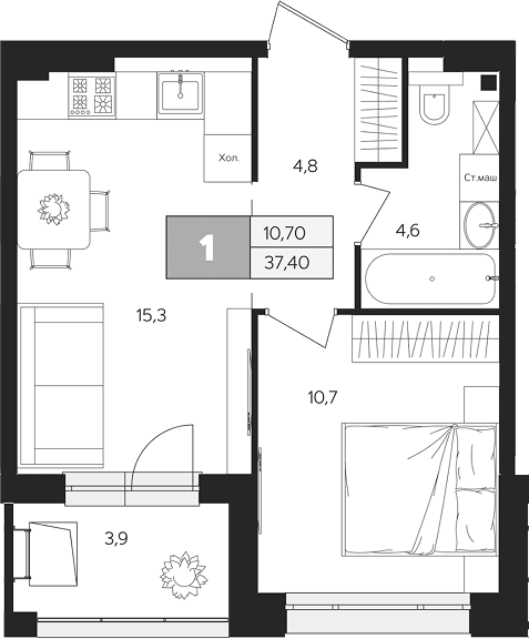 Планировка: 1-комнатная квартира 35,5 м² в ЖК «Ласточкино»