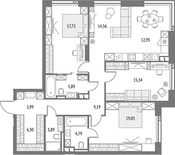 Планировка: Квартира евро-4 113,7 м² в ЖК «Апсайд Тауэрс»