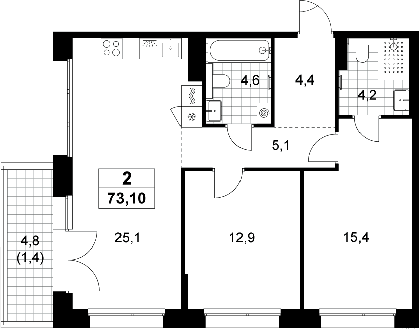Планировка: Евротрёшка 71,7 м² в ЖК «Хольм»