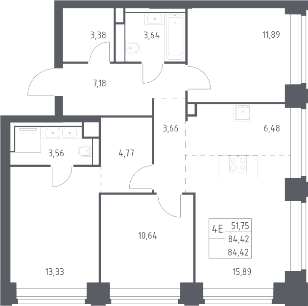 Планировка: Квартира евро-4 84,4 м² в ЖК «НОВА»