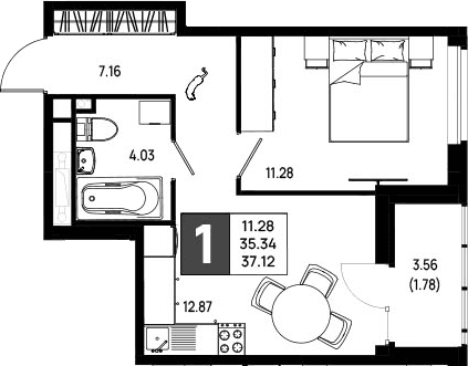 Планировка: 1-комнатная квартира 35,3 м² в ЖК «Имена»