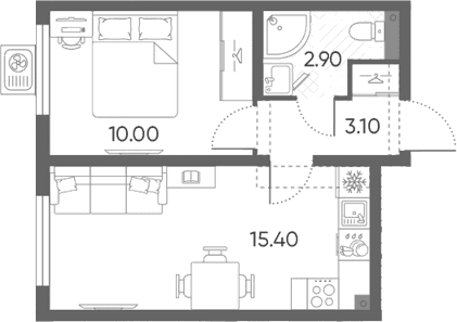 Планировка: Евродвушка 31,4 м² в ЖК «Ручьи 2»