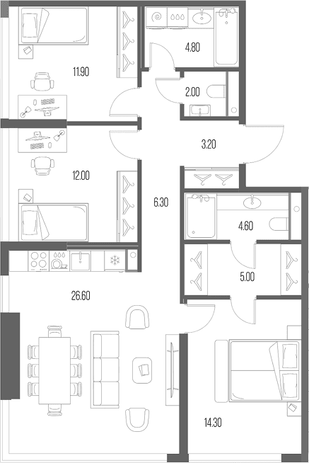 Планировка: 3-комнатная квартира 90,7 м² в ЖК «Северный Порт»