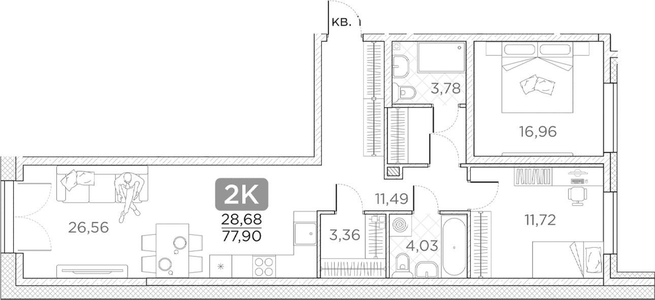 Планировка: Евротрёшка 77,9 м² в ЖК «Гильдия»