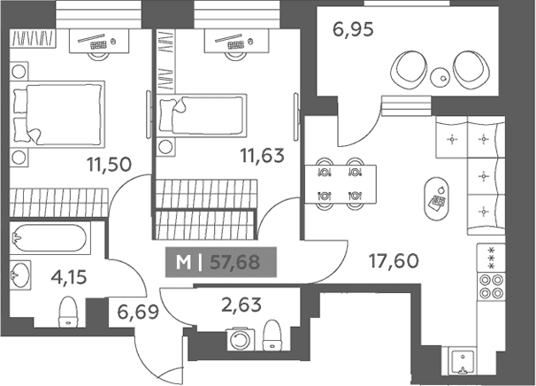 Планировка: Евротрёшка 54,2 м² в ЖК «Аквилон РекаПарк»