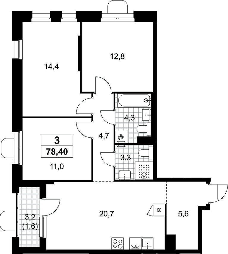Планировка: Квартира евро-4 76,8 м² в ЖК «Прокшино»